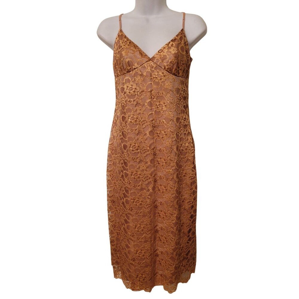 Devan 4 Gold Floral Lace Sleeveless Midi Slip Dress Made In‎ USA Glam Party